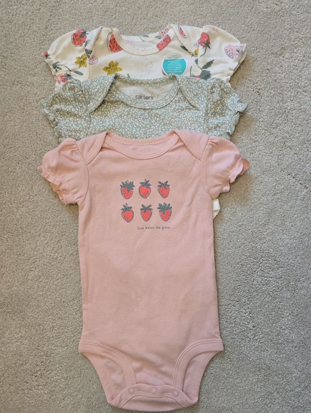 Carter's NWOT Pink Strawberry Ruffled Sleeve Onesie Bundle, 3-6M